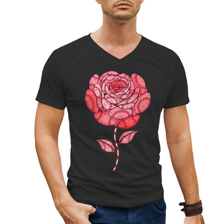 Sporty Rose Graphic With Baseball And Rugby Ball Petals Men's V-Neck T-Shirt