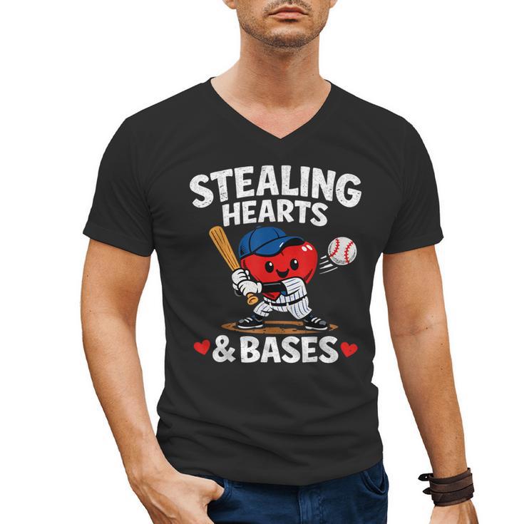 Stealing Hearts & Bases Valentine’s Day Baseball Love Men's V-Neck T-Shirt