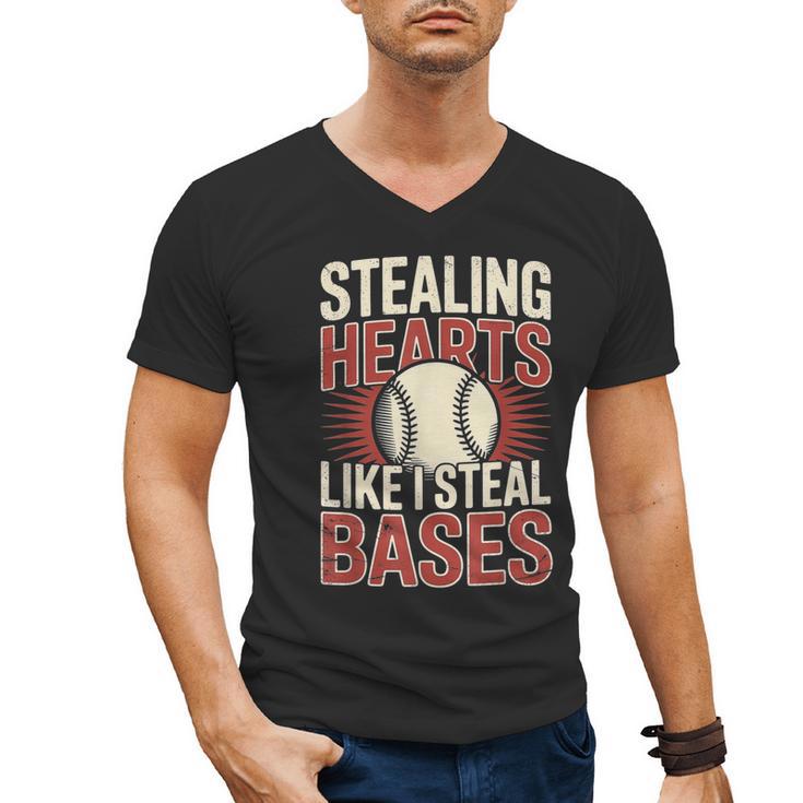 Stealing Hearts Like I Steal Bases Baseball Valentine Retro Men's V-Neck T-Shirt