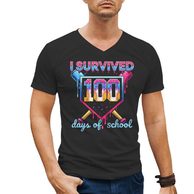I Survived 100 Days Of School Baseball Boys Students Men's V-Neck T-Shirt