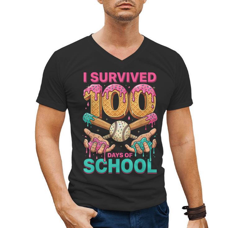 I Survived 100 Days Of School Baseball Ice Cream Drip Men's V-Neck T-Shirt