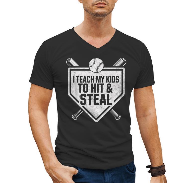 I Teach My Kids To Hit & Steal Baseball Player Coach Dad Tee Men's V-Neck T-Shirt
