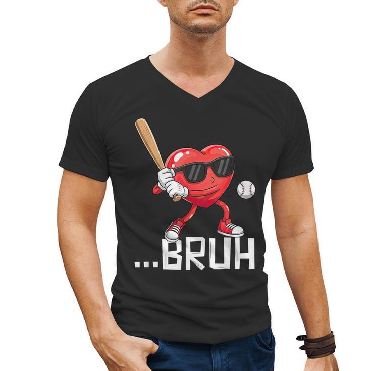 Valentines Bruh Red Heart Playing Baseball Men Boys Kids Men's V-Neck T-Shirt