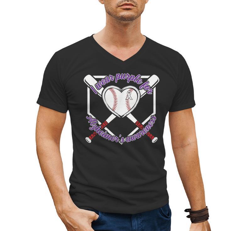 I Wear Purple For Alzheimers Awareness Baseball Heart Ribbon Men's V-Neck T-Shirt