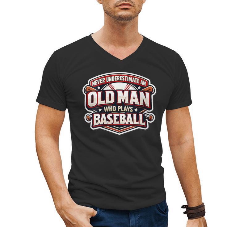 Women's Never Underestimate An Old Man Who Plays Baseball Men's V-Neck T-Shirt