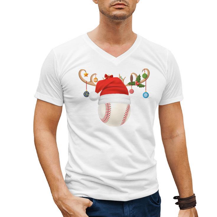 Baseball Christmas Reindeer Santa Hat Sports Player Xmas Men's V-Neck T-Shirt