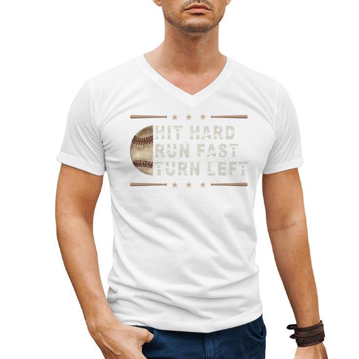 Baseball Hit Hard Run Fast Turn Left Men Boys Men's V-Neck T-Shirt