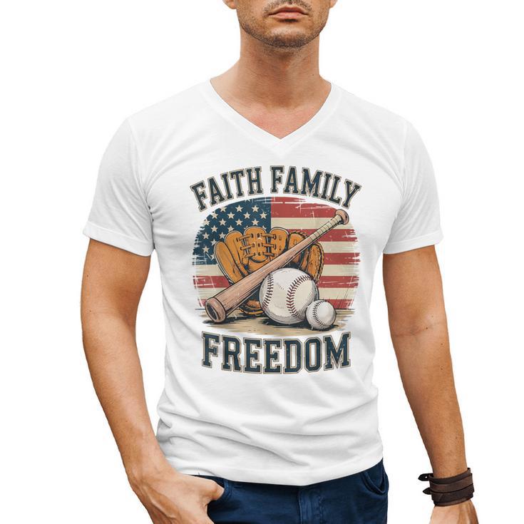 Faith Family Freedom Patriotic Christian Baseball Game Day Men's V-Neck T-Shirt