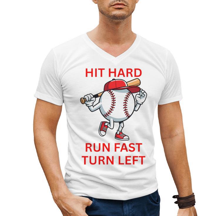 Hit Hard Run Fast Turn Left Baseball Player Premium Tri-Blend Men's V-Neck T-Shirt