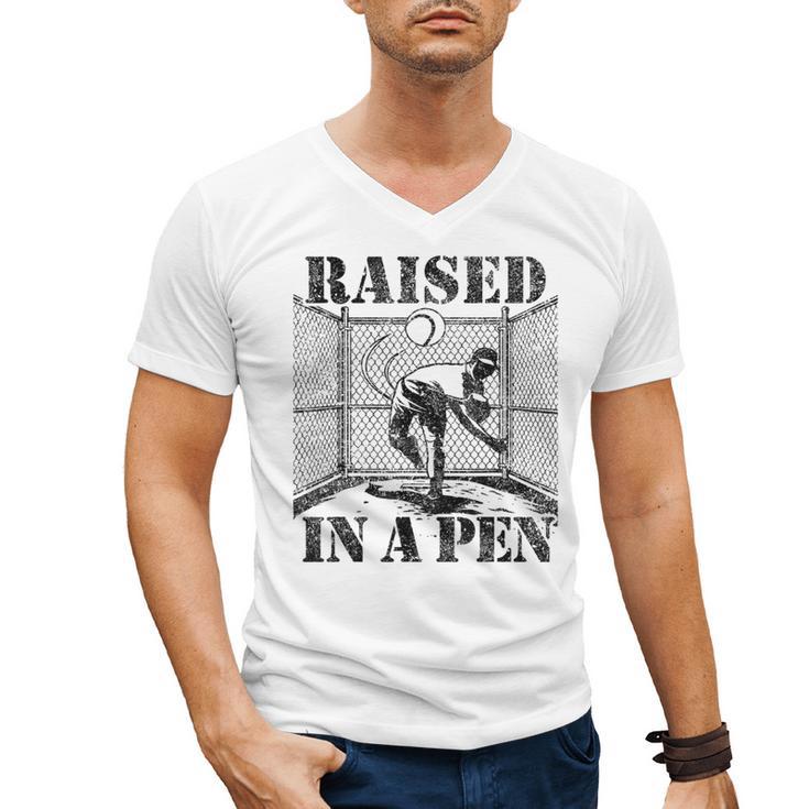 Raised In a Pen Baseball Pitcher Saying Bullpen Men's V-Neck T-Shirt