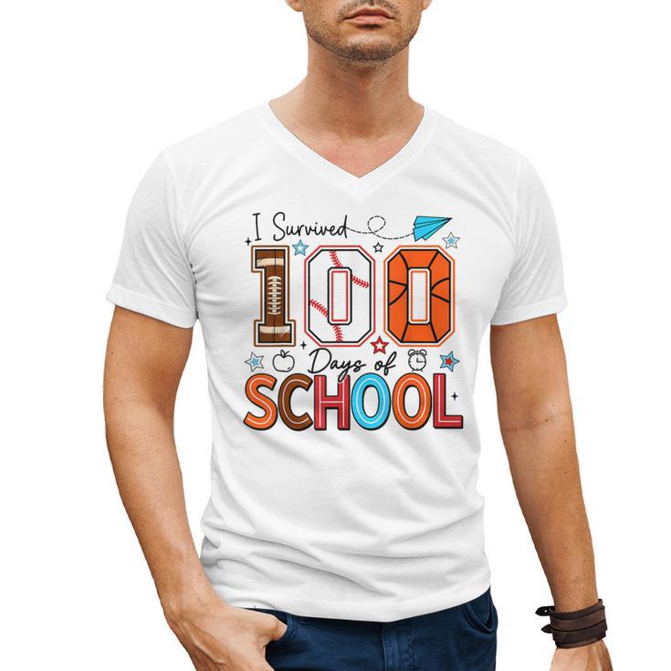 I Survived 100 Days Baseball Football Basketball School Kids Men's V-Neck T-Shirt