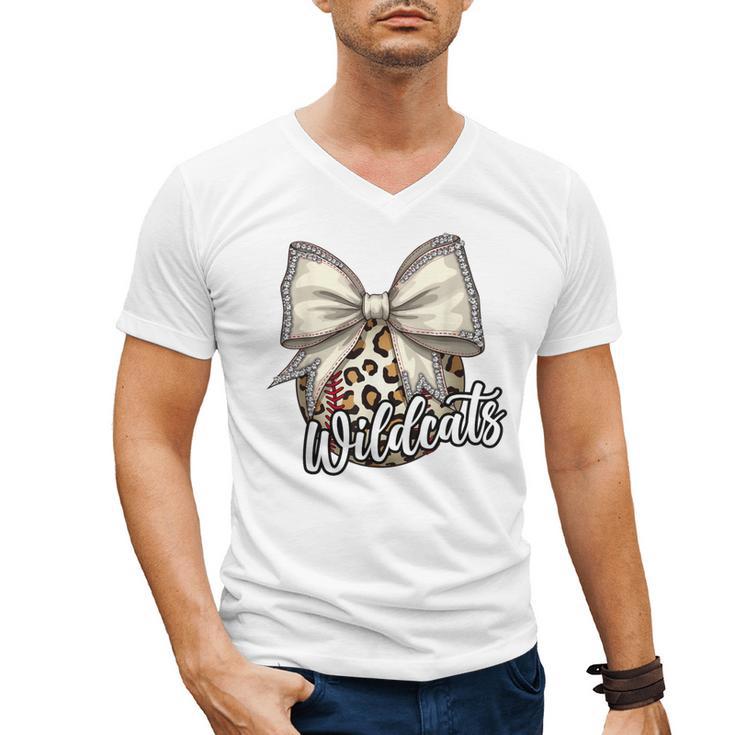 Wildcats Baseball Leopard Print Coquette Bow Mascot Game Day Men's V-Neck T-Shirt