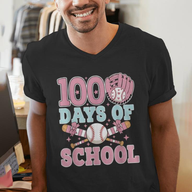 100 Days Of School Baseball 100th Day Of School Girls Men's V-Neck T-Shirt