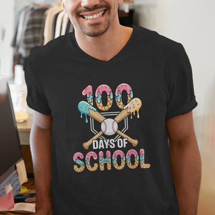 100 Days Of School Baseball 100th Day Of School Men's V-Neck T-Shirt