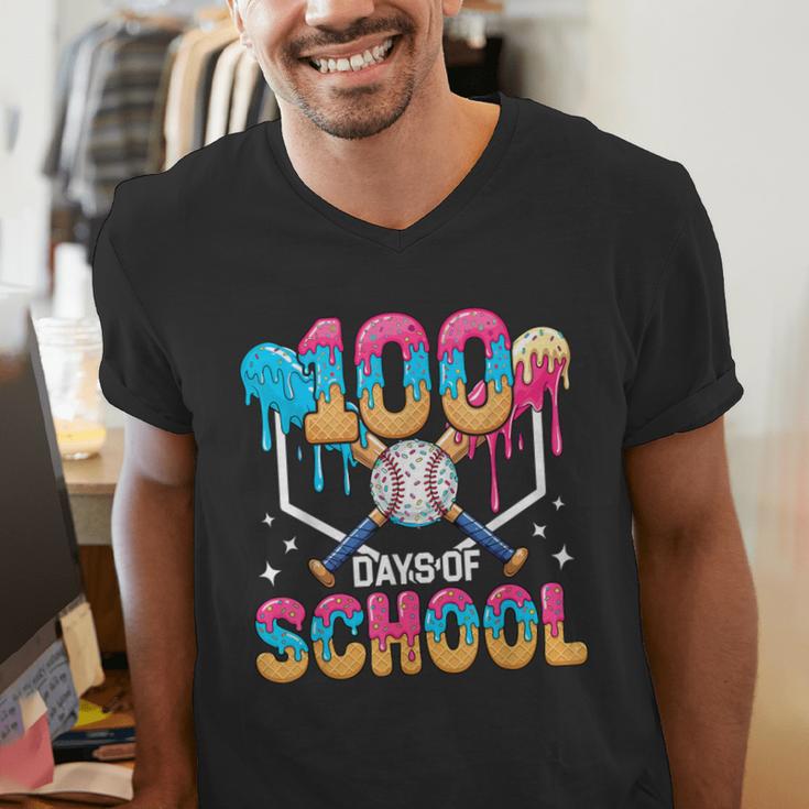 100 Days Of School Baseball Boys Ice Cream Drip 100th Day Men's V-Neck T-Shirt 100 Days Of School Baseball Boys Ice Cream Drip 100th Day Men's V-Neck T-Shirt