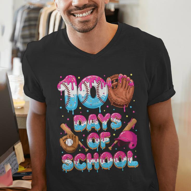 100 Days Of School Baseball Donut Dripping Teacher Boys Kids Men's V-Neck T-Shirt