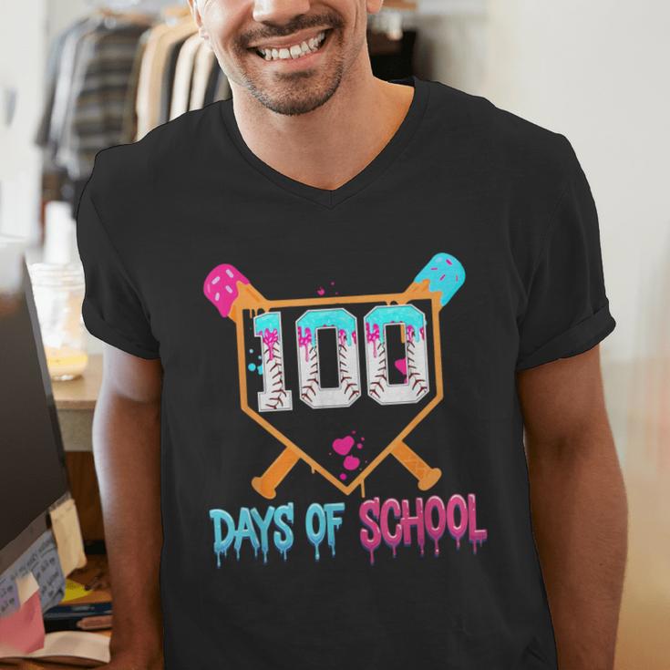 100 Days Of School Baseball Ice Cream Drip 100th Day School Men's V-Neck T-Shirt 100 Days Of School Baseball Ice Cream Drip 100th Day School Men's V-Neck T-Shirt