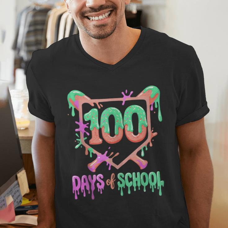 100 Days Of School Baseball Ice Cream Drip 100th Day Player Men's V-Neck T-Shirt 100 Days Of School Baseball Ice Cream Drip 100th Day Player Men's V-Neck T-Shirt