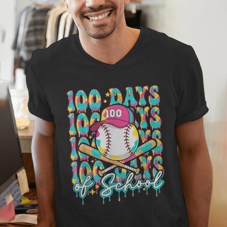 100 Days Of School Drip Baseball 100th Day Baseball School Men's V-Neck T-Shirt 100 Days Of School Drip Baseball 100th Day Baseball School Men's V-Neck T-Shirt
