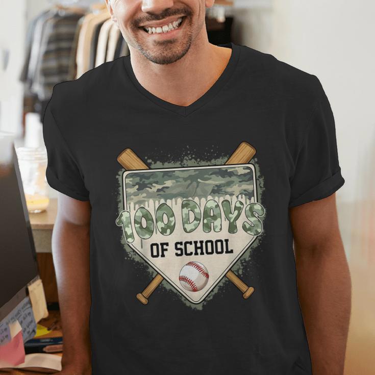 100 Days Of School Home Plate Camo Baseball Dripping Boys Men's V-Neck T-Shirt