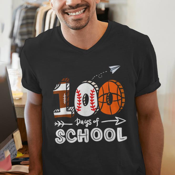 100th Day Of School Basketball Baseball Football Kids Boys Men's V-Neck T-Shirt 100th Day Of School Basketball Baseball Football Kids Boys Men's V-Neck T-Shirt