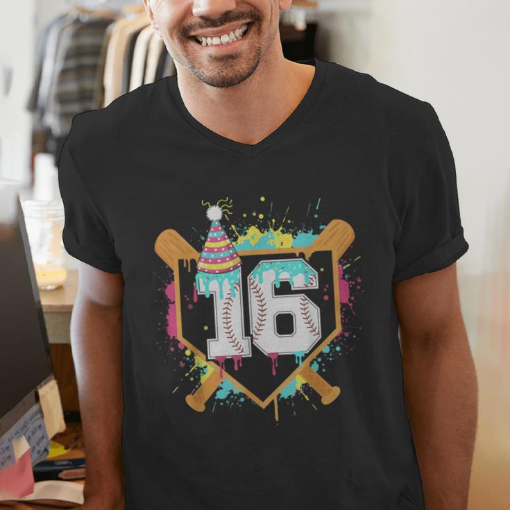16th Birthday Baseball Drip Number 16 Year Old Birthday Boy Men's V-Neck T-Shirt 16th Birthday Baseball Drip Number 16 Year Old Birthday Boy Men's V-Neck T-Shirt