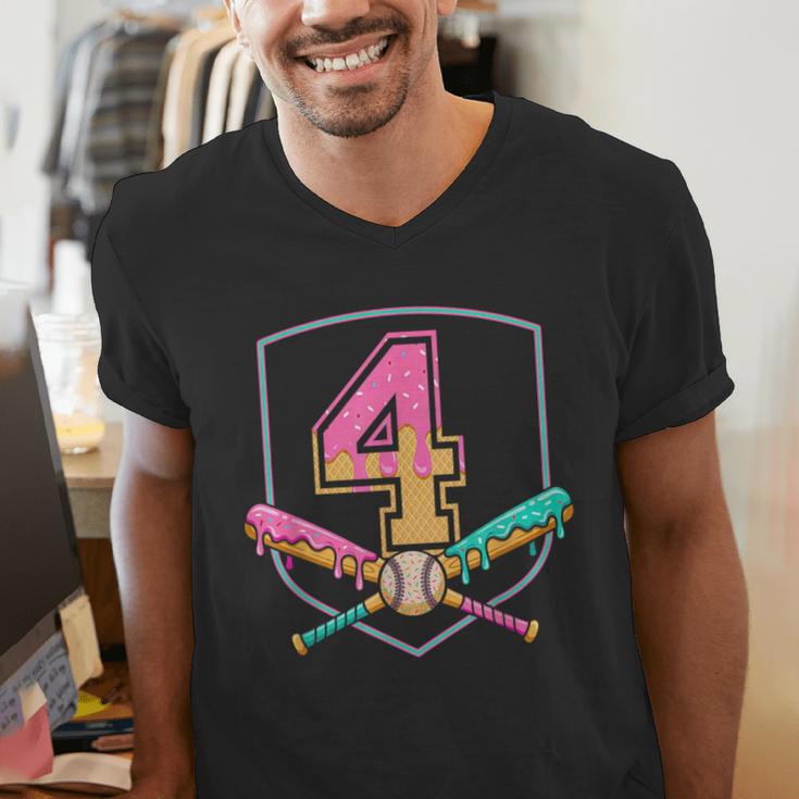 4th Birthday Baseball Bat Ice-Cream Drip 4yrs Old Boys Girls Men's V-Neck T-Shirt 4th Birthday Baseball Bat Ice-Cream Drip 4yrs Old Boys Girls Men's V-Neck T-Shirt