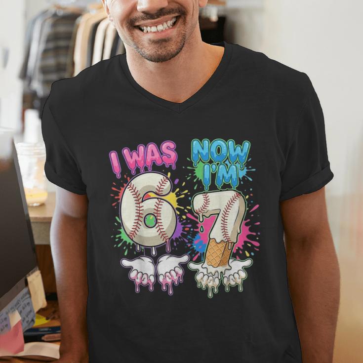 I Was 6 Now I'm 7 Baseball Drip 67 Birthday Boy 7th Birthday Men's V-Neck T-Shirt I Was 6 Now I'm 7 Baseball Drip 67 Birthday Boy 7th Birthday Men's V-Neck T-Shirt