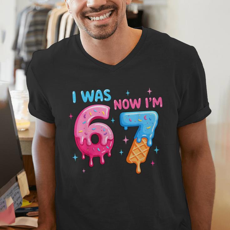 I Was 6 Now I'm 7 Meme Six Seven Baseball 7th Birthday Men's V-Neck T-Shirt