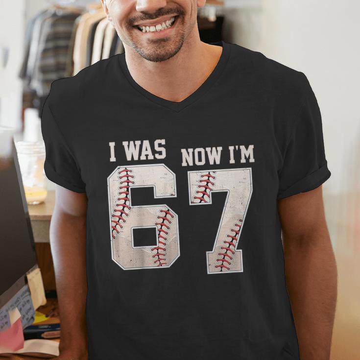 I Was 6 Now I'm 7 Year Old Birthday 67 Meme Baseball Bday Men's V-Neck T-Shirt