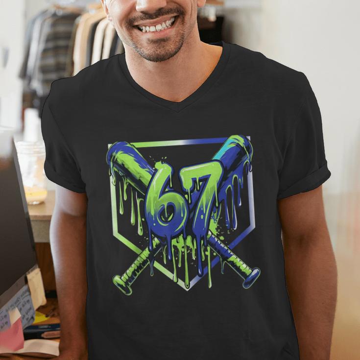 67 Baseball Drip Effect Urban Tee Style 6-7 Meme Graphic Men's V-Neck T-Shirt