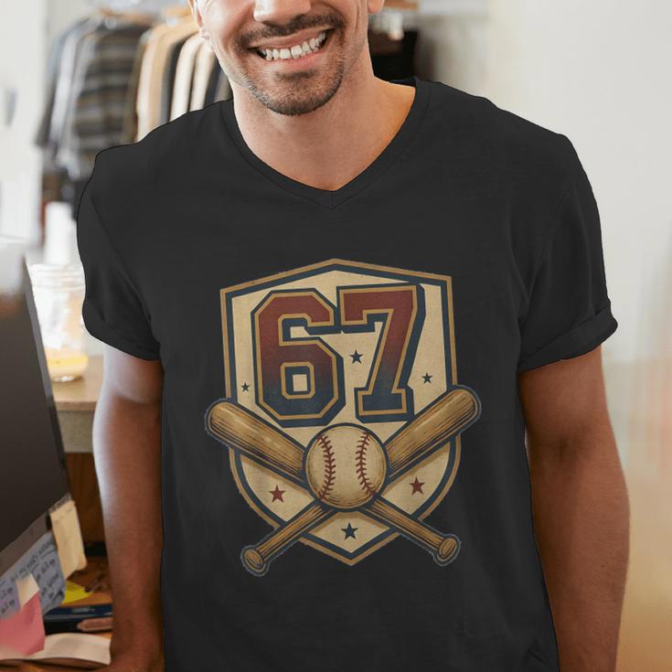 67 Baseball Meme Vintage Sports Crest Retro 67 Player Men's V-Neck T-Shirt