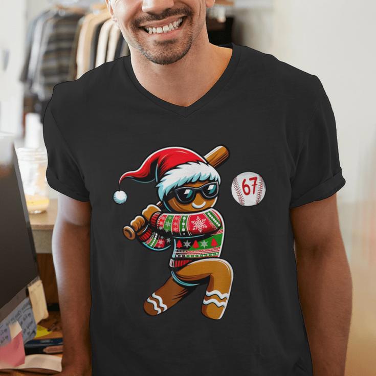 67 Gingerbread Man Playing Baseball Christmas 6 7 Meme Men's V-Neck T-Shirt