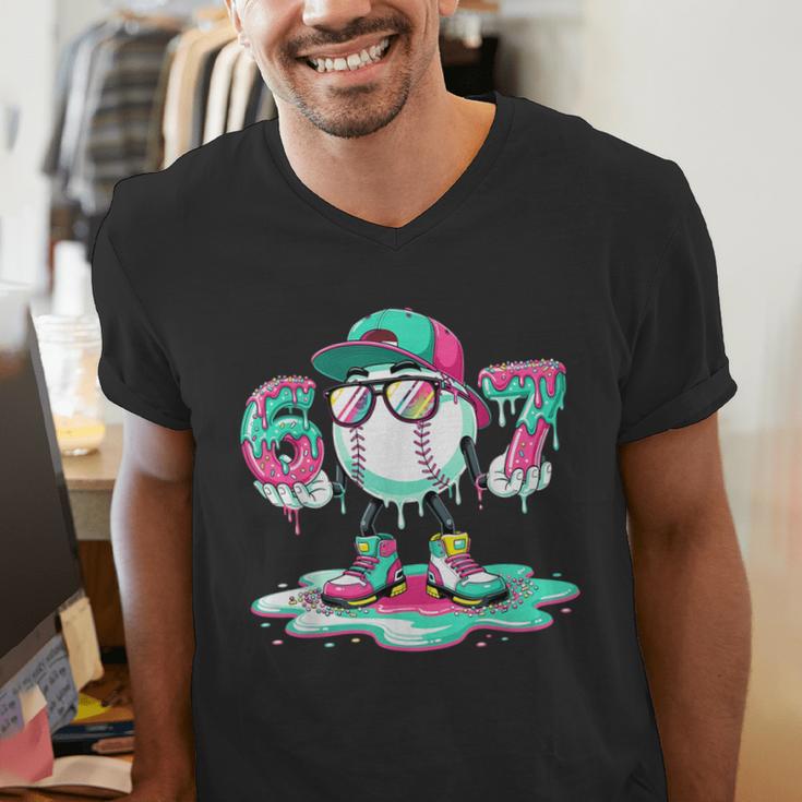 67 Meme Six Seven 6 7 Meme Baseball Ice Cream Drip Men's V-Neck T-Shirt