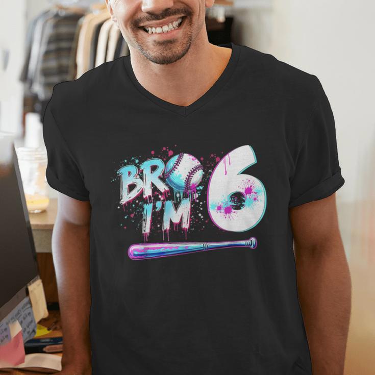 6th Birthday Boy Bro I'm 6 Year Old Baseball Ice Cream Drip Men's V-Neck T-Shirt