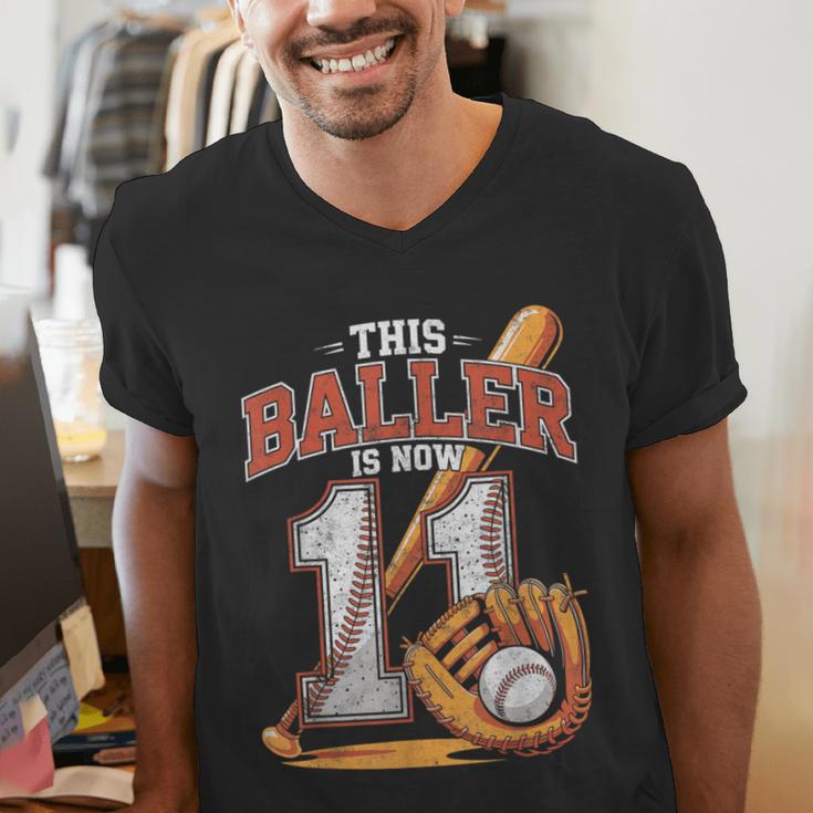 This Baller Is Now 11 Year Baseball Player 11th Birthday Boy Men's V-Neck T-Shirt This Baller Is Now 11 Year Baseball Player 11th Birthday Boy Men's V-Neck T-Shirt