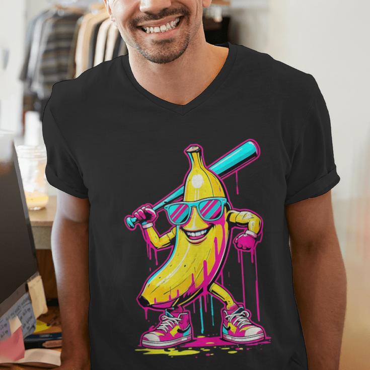 Banana With Baseball Bat Street Baseball Drip Men's V-Neck T-Shirt Banana With Baseball Bat Street Baseball Drip Men's V-Neck T-Shirt