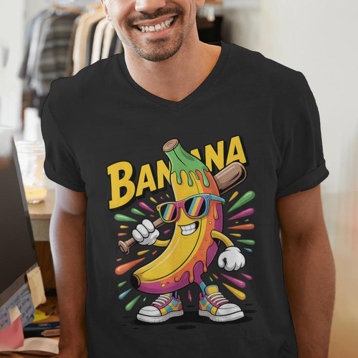 Banana Baseball Cartoon Cool Sports Kids Teens Men's V-Neck T-Shirt