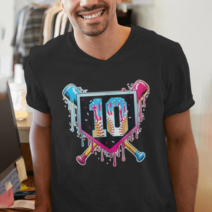 Baseball 10 Year Old Boy Ice Cream Drip 10th Birthday Player Men's V-Neck T-Shirt