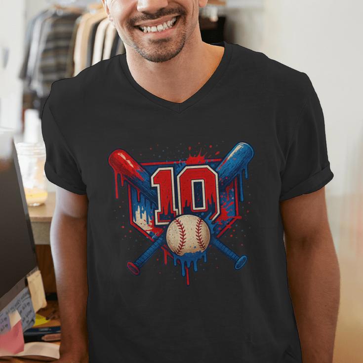 Baseball 10 Year Old Splash Drip 10th Birthday Boy Number 10 Men's V-Neck T-Shirt