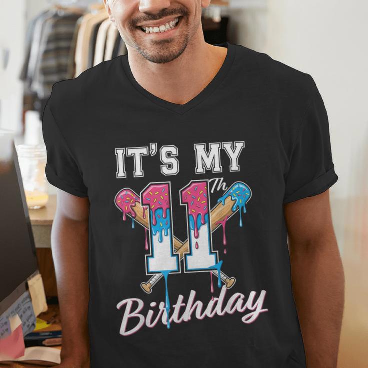 Baseball 11 Year Old Ice Cream Drip 11th Birthday Boys Men's V-Neck T-Shirt
