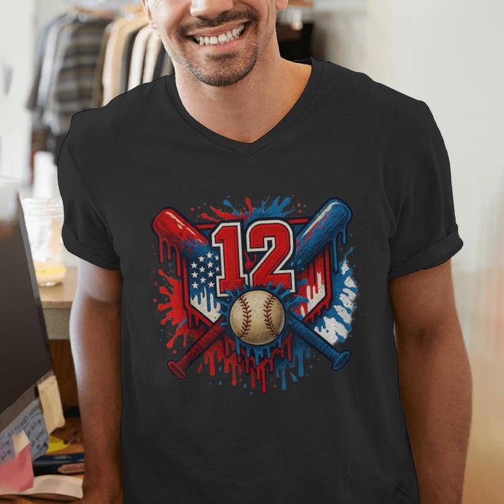 Baseball 12 Year Old Splash Drip 12th Birthday Boy Number 12 Men's V-Neck T-Shirt Baseball 12 Year Old Splash Drip 12th Birthday Boy Number 12 Men's V-Neck T-Shirt