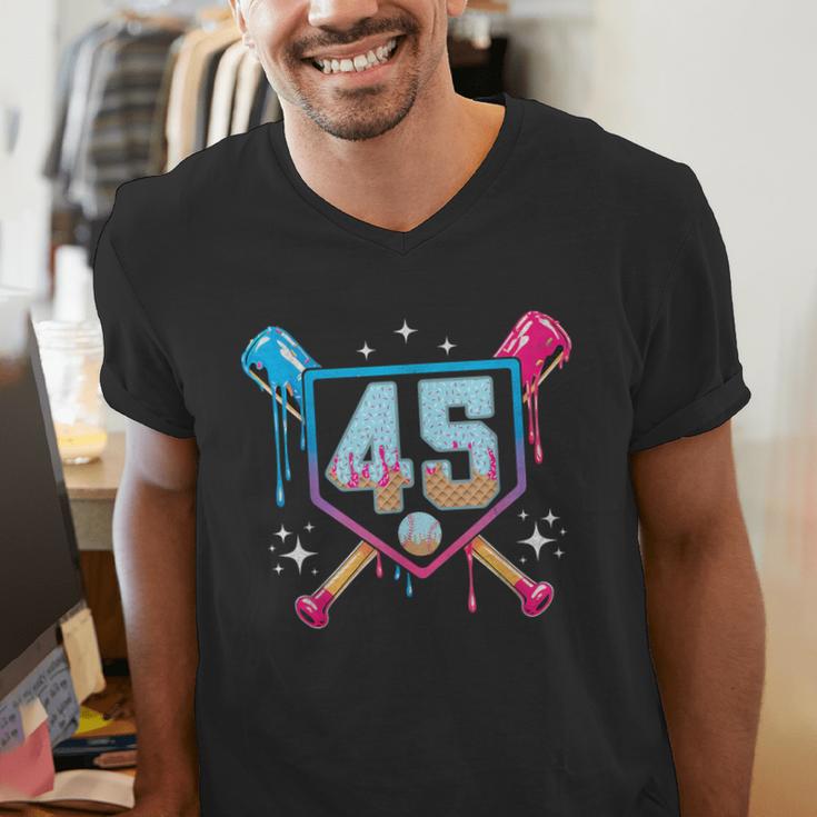 Baseball 45 Year Old Ice Cream Drip 45th Birthday Number 45 Men's V-Neck T-Shirt Baseball 45 Year Old Ice Cream Drip 45th Birthday Number 45 Men's V-Neck T-Shirt