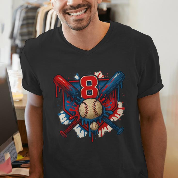 Baseball 8 Year Old Splash Drip 8th Birthday Boy Number 8 Men's V-Neck T-Shirt