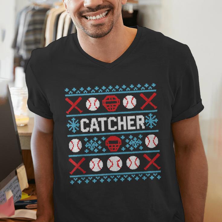 Baseball Catcher Ugly Christmas Sweater Pattern Sports Xmas Men's V-Neck T-Shirt Baseball Catcher Ugly Christmas Sweater Pattern Sports Xmas Men's V-Neck T-Shirt