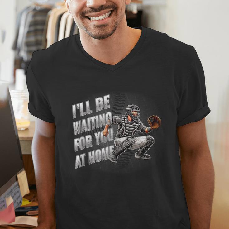 Baseball Catcher Waiting For You At Home Player Quote Men's V-Neck T-Shirt