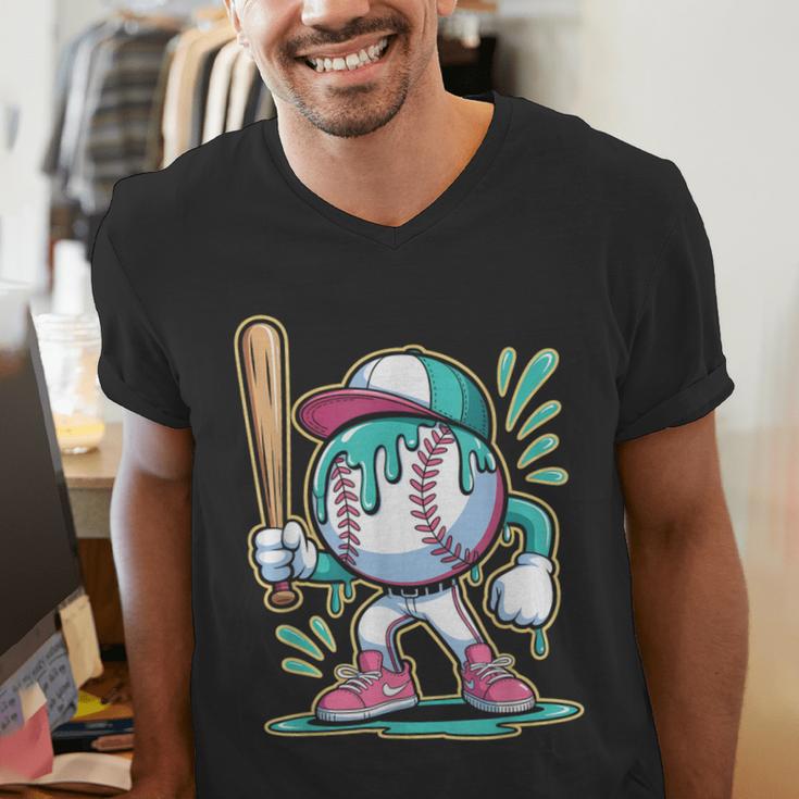 Baseball Character Cartoon Batter Drip Style Women Men Men's V-Neck T-Shirt