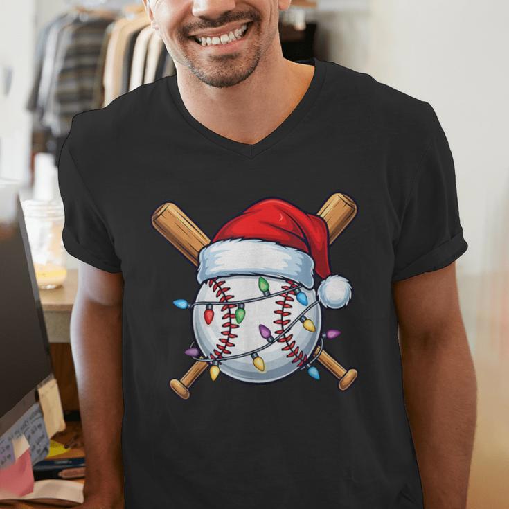 Baseball Christmas Lights Santa Christmas Baseball Player Men's V-Neck T-Shirt Baseball Christmas Lights Santa Christmas Baseball Player Men's V-Neck T-Shirt
