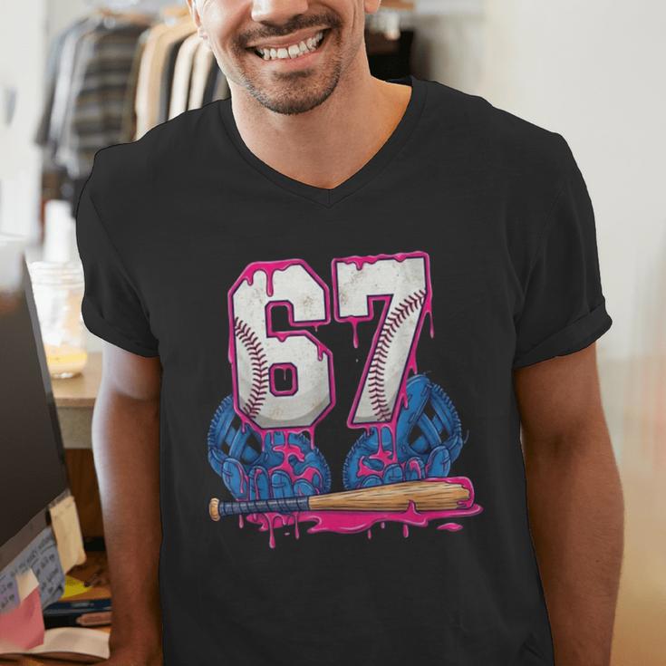 Baseball Drip 67 Meme Six Seven 6-7 Gen Alpha Slang Men's V-Neck T-Shirt Baseball Drip 67 Meme Six Seven 6-7 Gen Alpha Slang Men's V-Neck T-Shirt