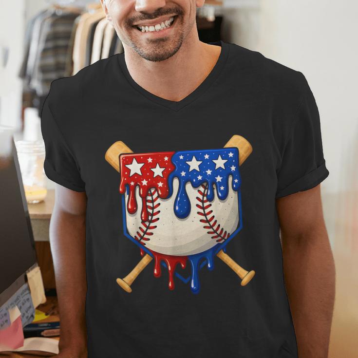 Baseball Drip American Flag Home Plate 4th Of July Patriotic Men's V-Neck T-Shirt Baseball Drip American Flag Home Plate 4th Of July Patriotic Men's V-Neck T-Shirt